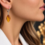 CURVED Natural Honey Baltic Amber Silver Drop Earrings Women, Large Teardrop Short Drop Dangle Gemstone Jewellery