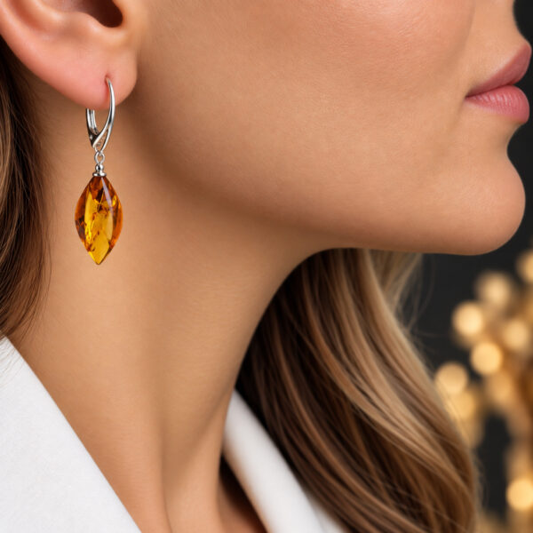CURVED Natural Honey Baltic Amber Silver Drop Earrings Women, Large Teardrop Short Drop Dangle Gemstone Jewellery