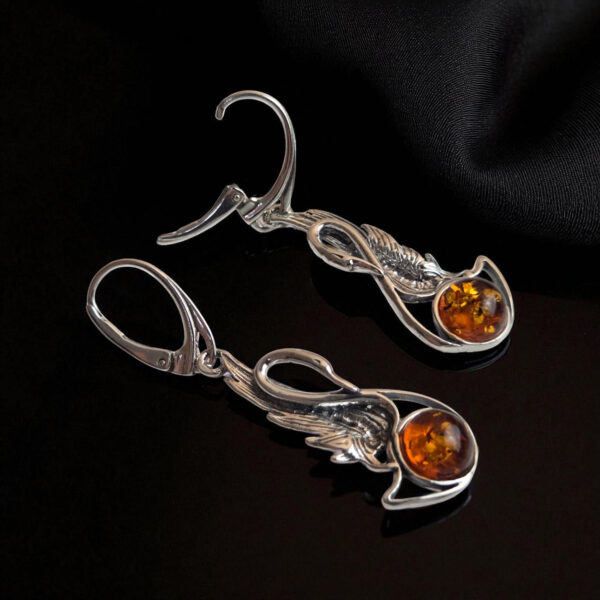 Elegant Swan Honey Baltic Amber Earrings Silver, Long Teardrop Large Gemstone Natural Amber Drop Dangle Bird Jewelry, Swan Lover Gifts Women