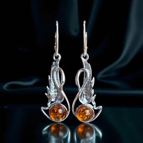 Elegant Swan Honey Baltic Amber Earrings Silver, Long Teardrop Large Gemstone Natural Amber Drop Dangle Bird Jewelry, Swan Lover Gifts Women