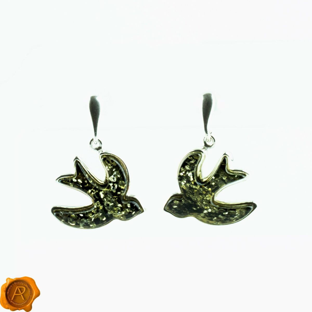Green Amber Swallow Earrings - Image 3