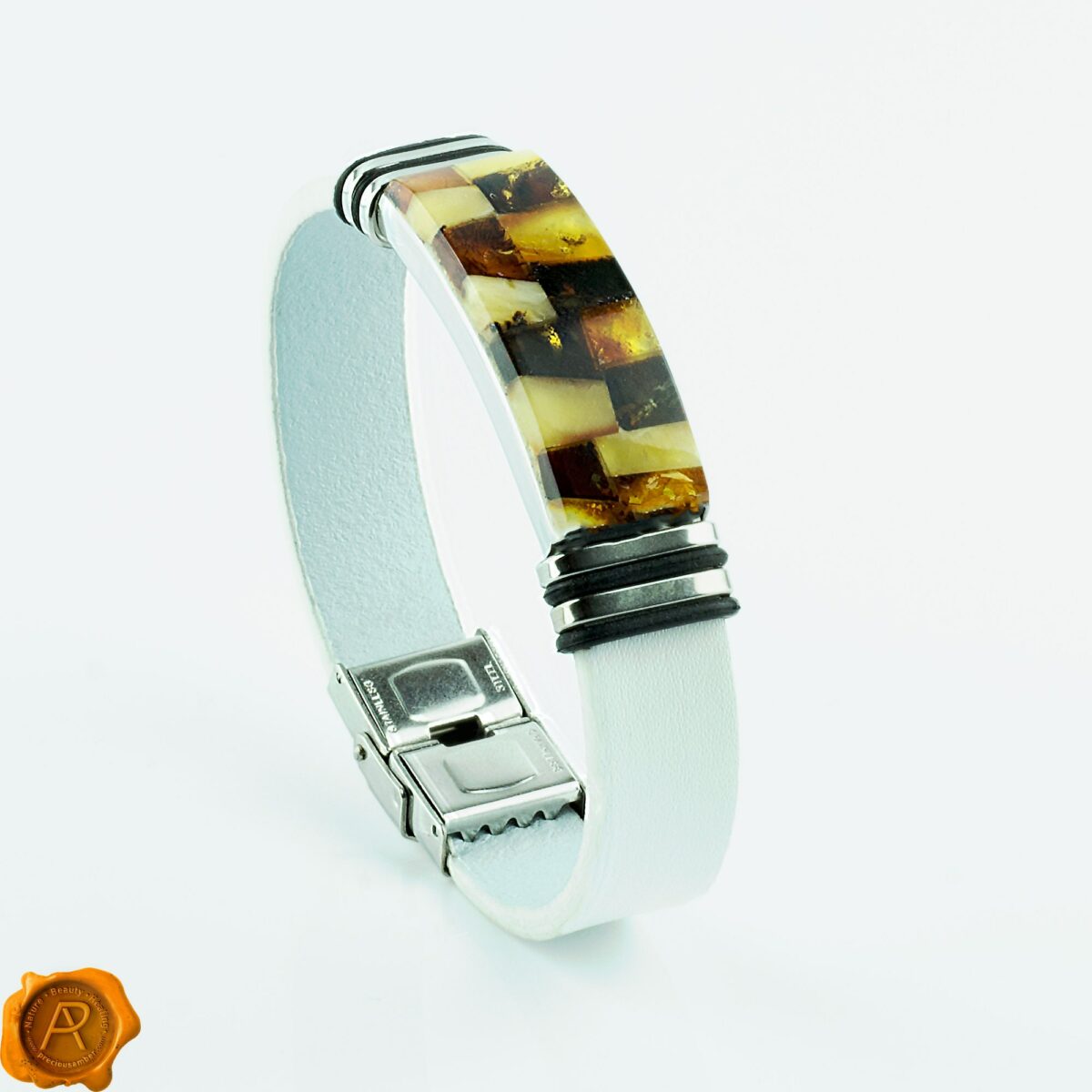 White Leather Amber Bracelet - Image 3
