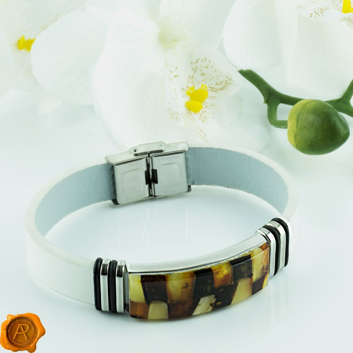 White Leather Amber Bracelet - Image 2