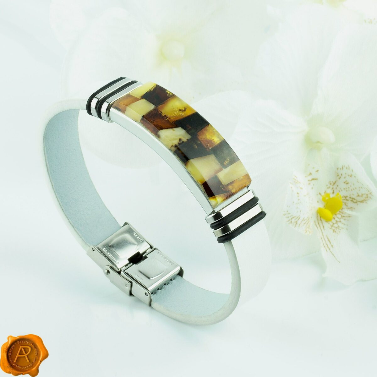 White Leather Amber Bracelet - Image 1