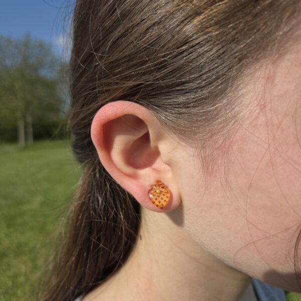Strawberry Baltic Amber Silver Stud Summer Earrings Fruit Jewellery Women Girls, Dainty Berry Small Studs