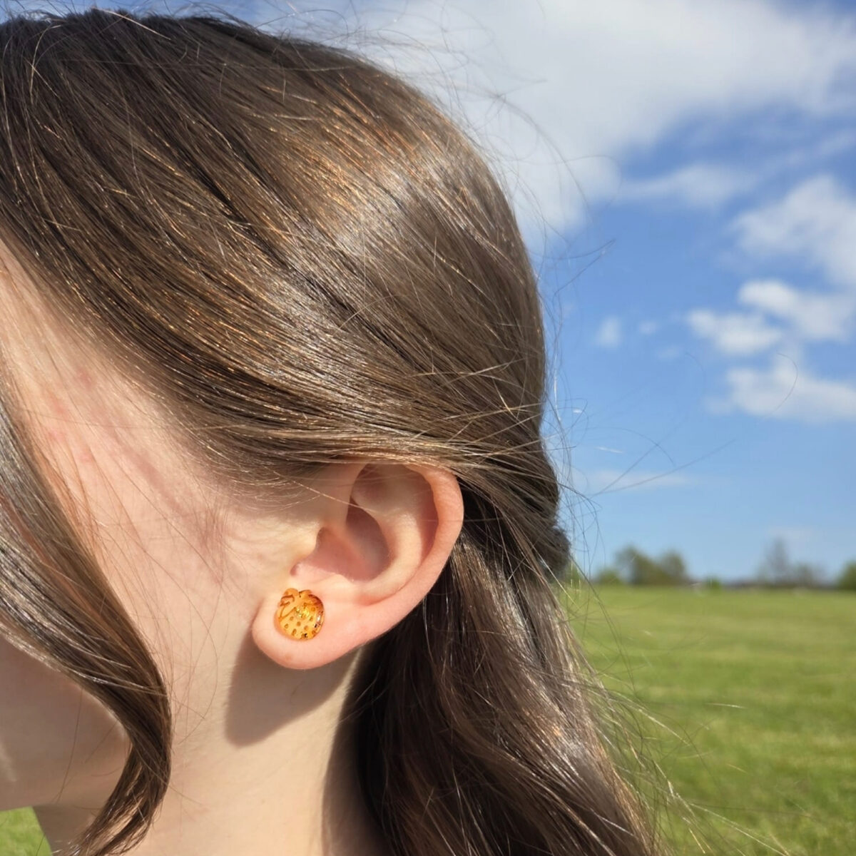 Carved Amber Strawberry Silver Stud Earrings - Image 3