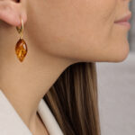 Natural Baltic Amber Drop Teardrop Gold Earrings for Women, Classic Large Long Dangle Gemstone Jewellery