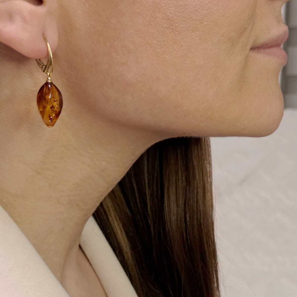 CURVED Natural Honey Baltic Amber Gold Earrings Gift for Women, Classic Large Teardrop Long Drop Dangle Gemstone Classic Jewellery