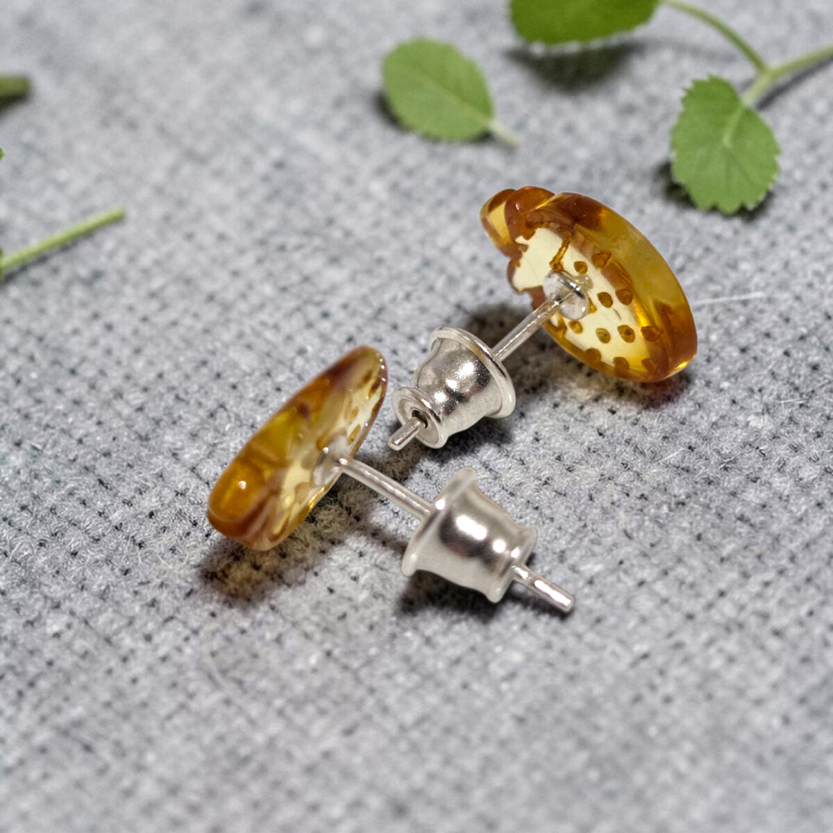 Carved Amber Strawberry Silver Stud Earrings - Image 5