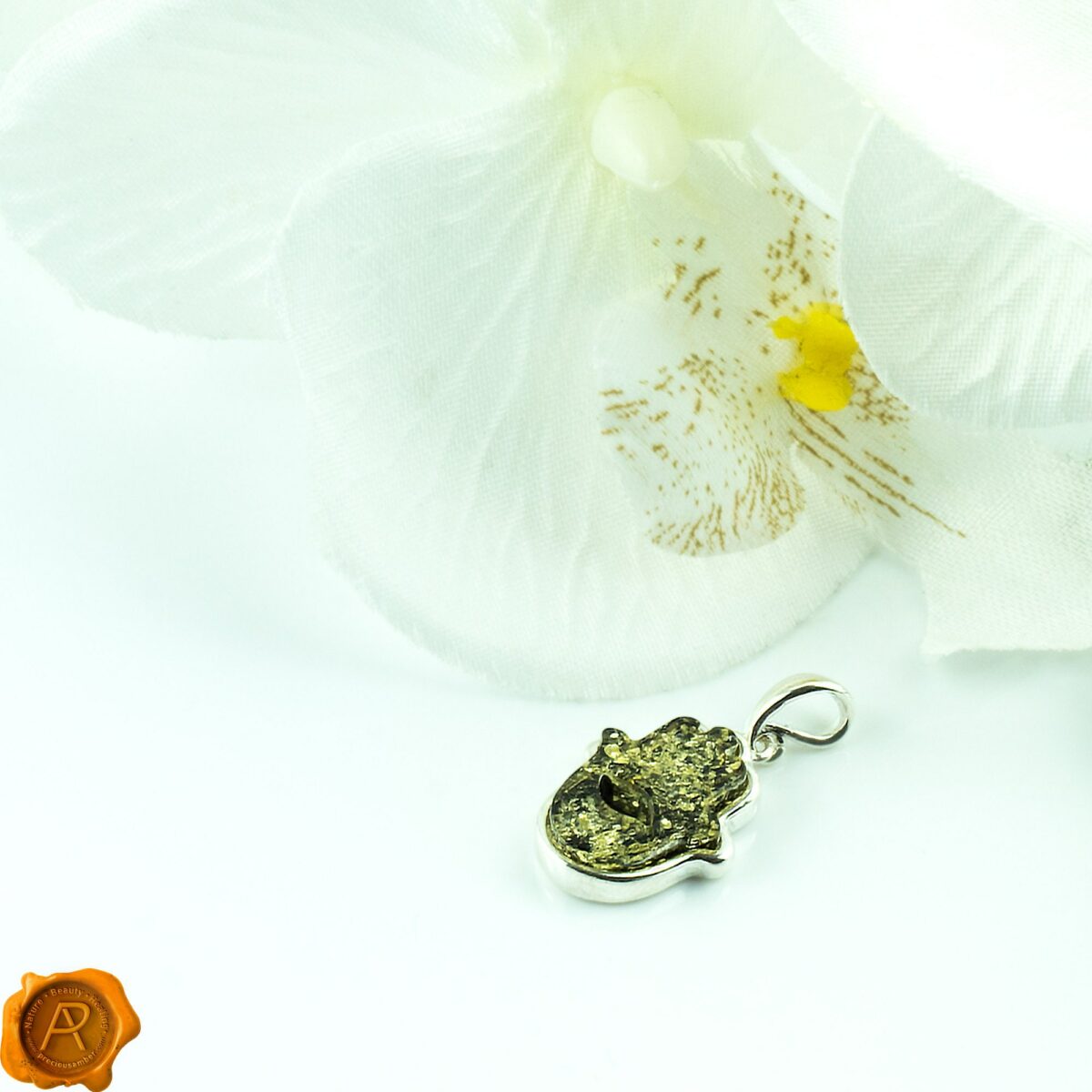 Hamsa Hand Green Amber Pendant - Image 4