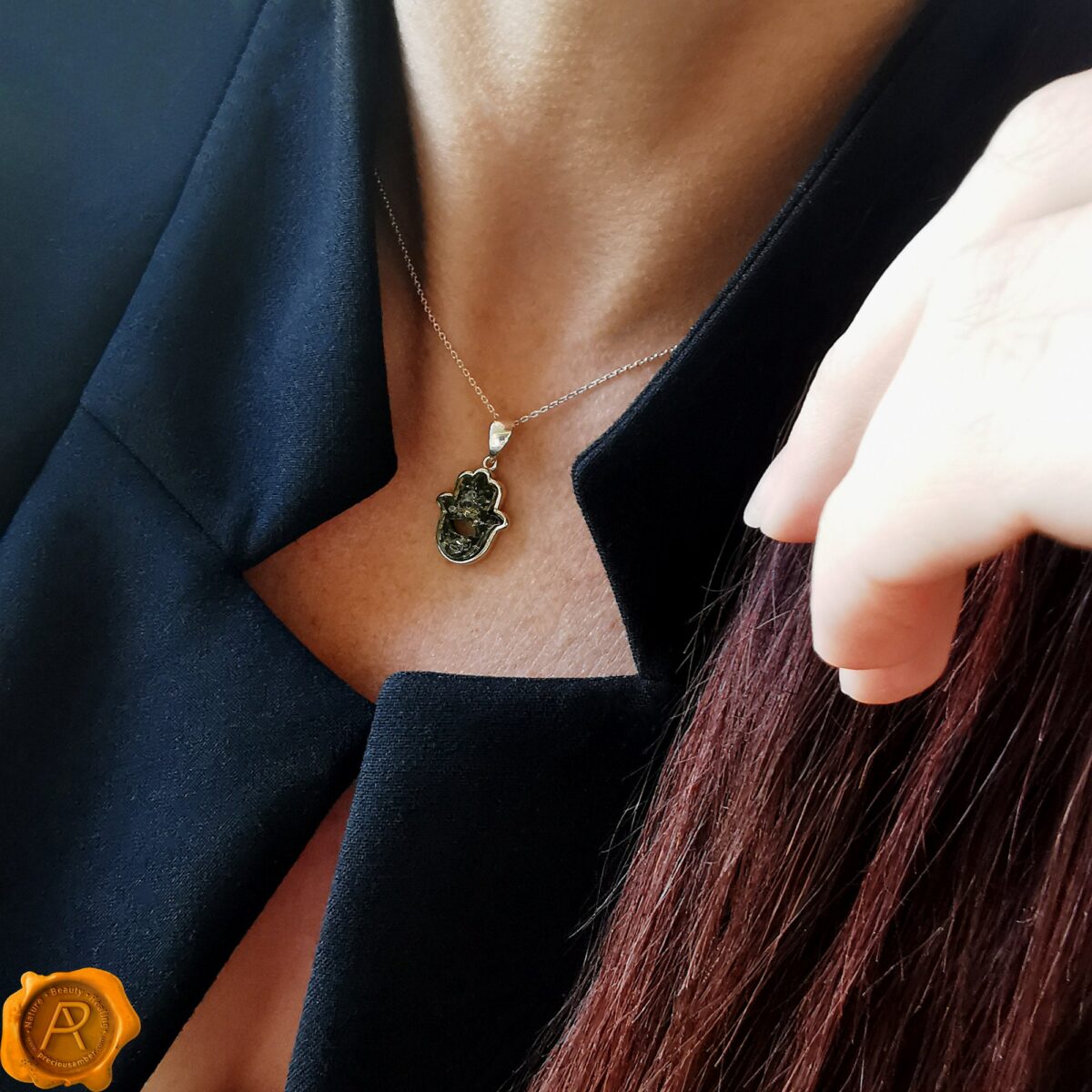 Hamsa Hand Green Amber Pendant - Image 2