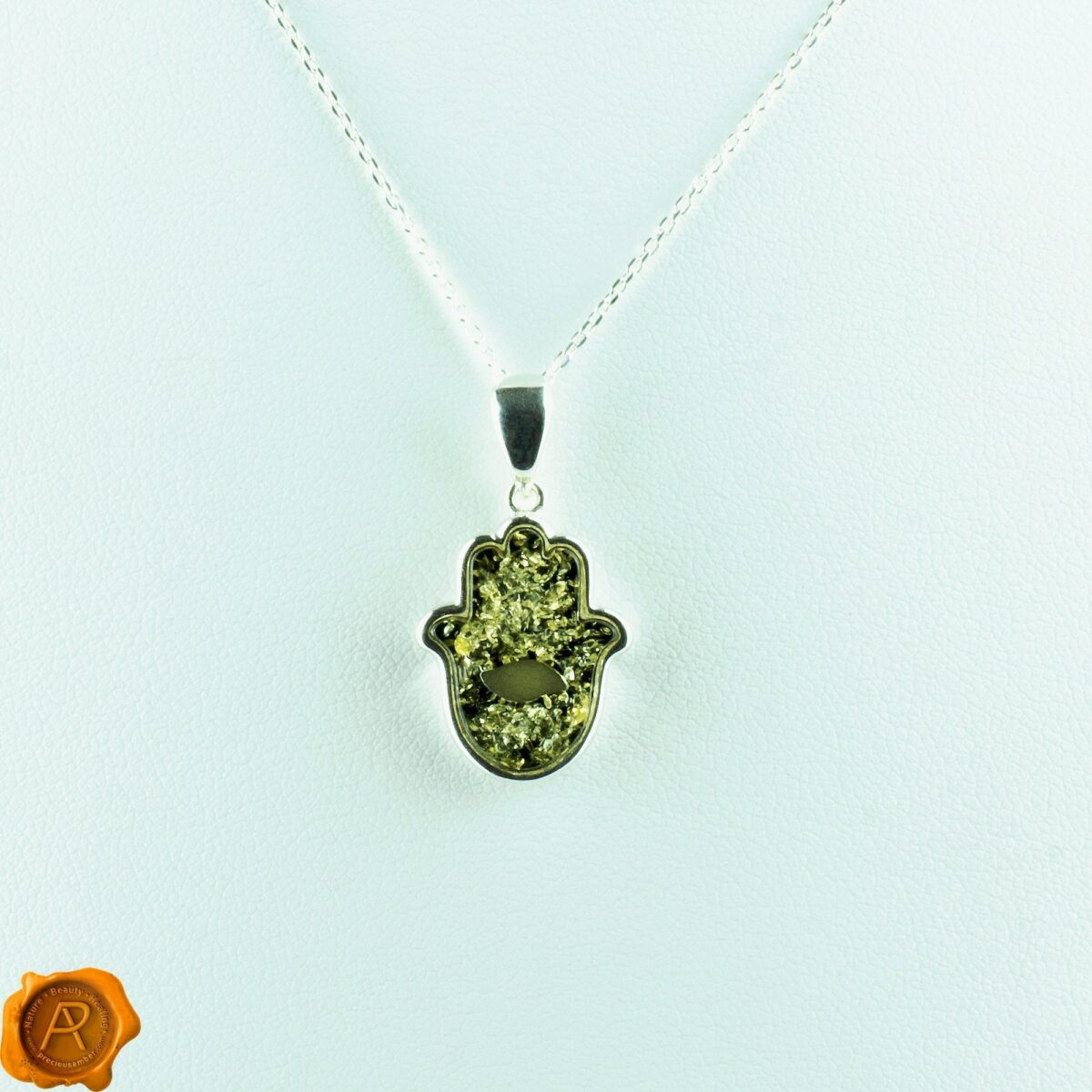 Hamsa Hand Green Amber Pendant - Image 1