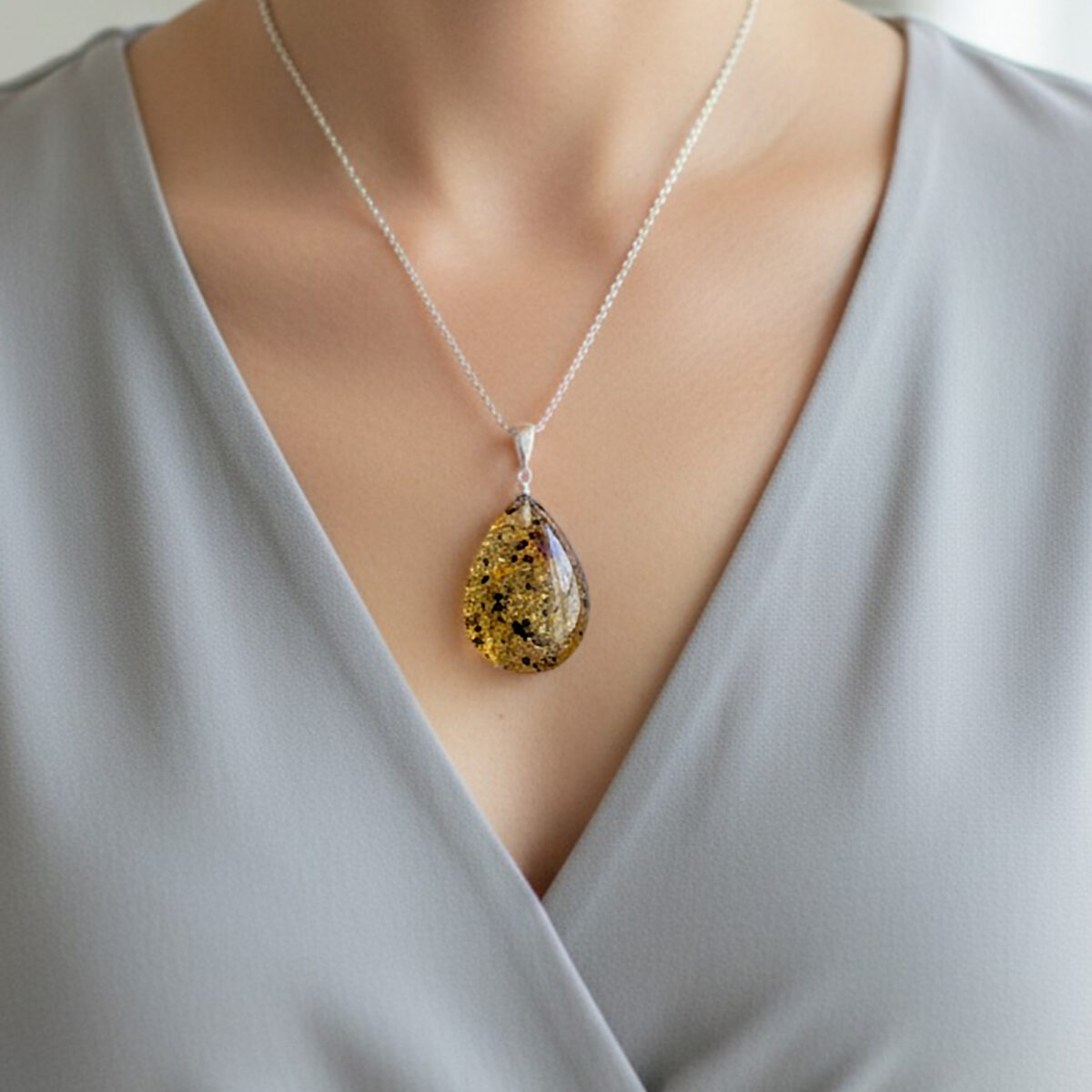 Natural LARGE Green Baltic Amber Teardrop Silver Gemstone Pendant Necklace Jewellery Gift Women, Real Chunky Earthy Amber Stone
