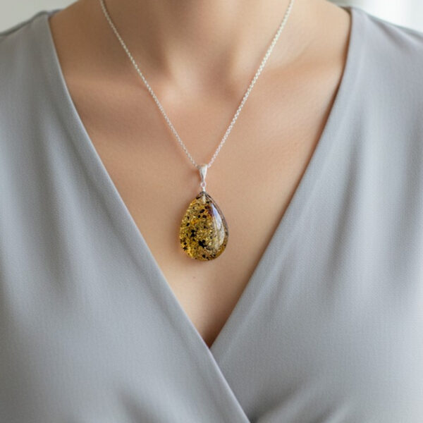 Natural LARGE Green Baltic Amber Teardrop Silver Gemstone Pendant Necklace Jewellery Gift Women, Real Chunky Earthy Amber Stone