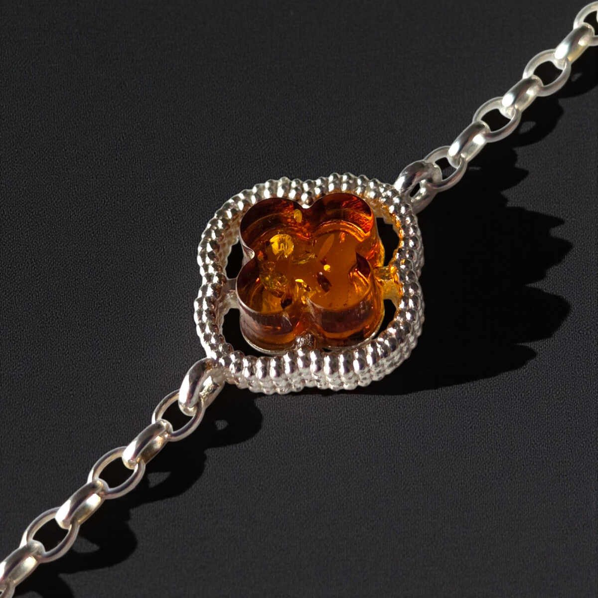 Dainty Four Leaf Clover Bracelet | Honey Baltic Amber Silver Link Bracelet | Lucky Charm Adjustable Gift for Her | Nature Inspired Jewellery