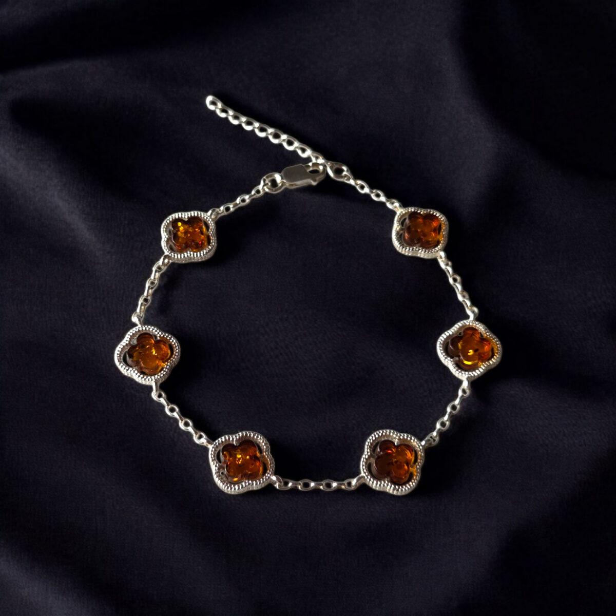 Four Leaf Clover Honey Amber Silver Bracelet - Image 6