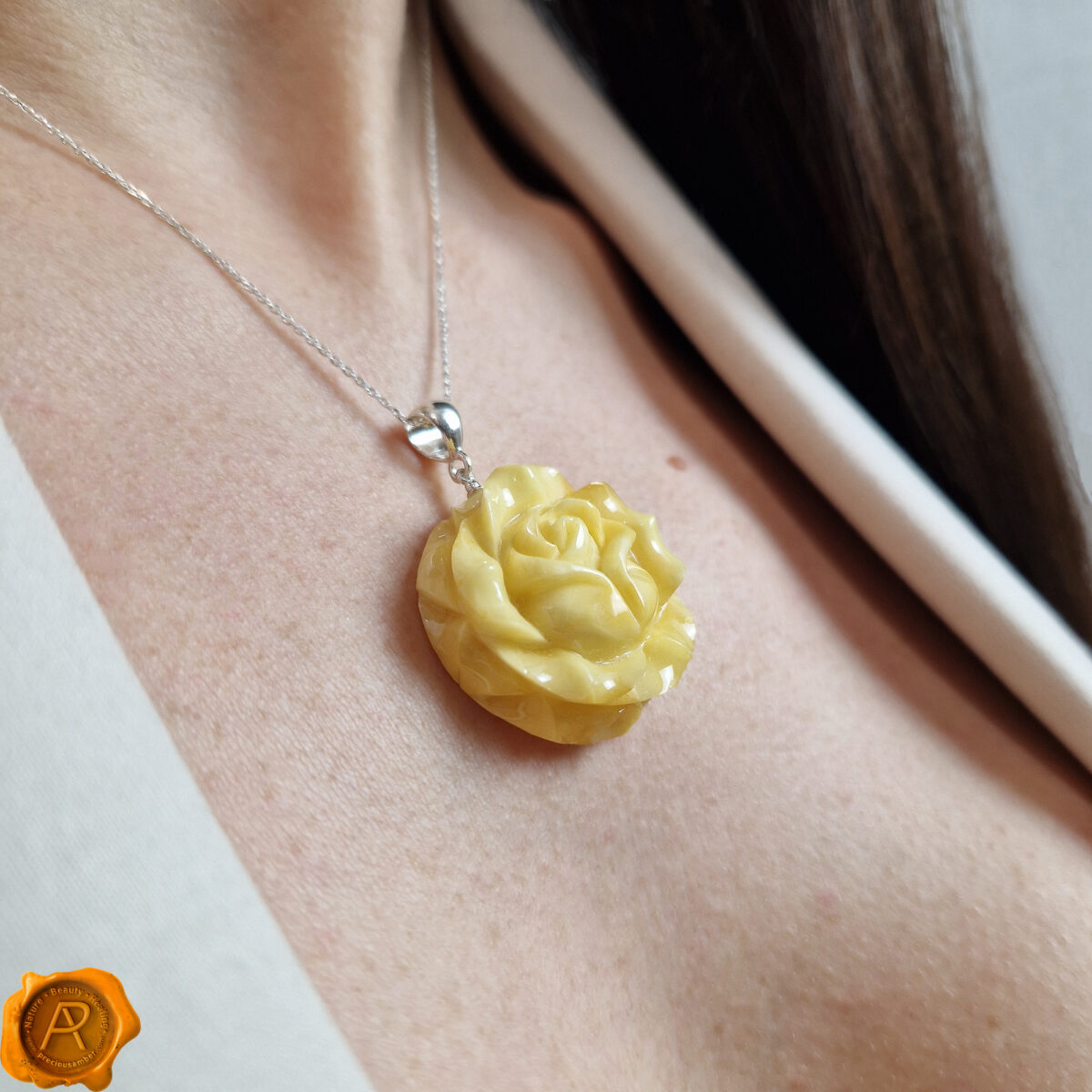 Handcarved Amber Rose Pendant - Image 2