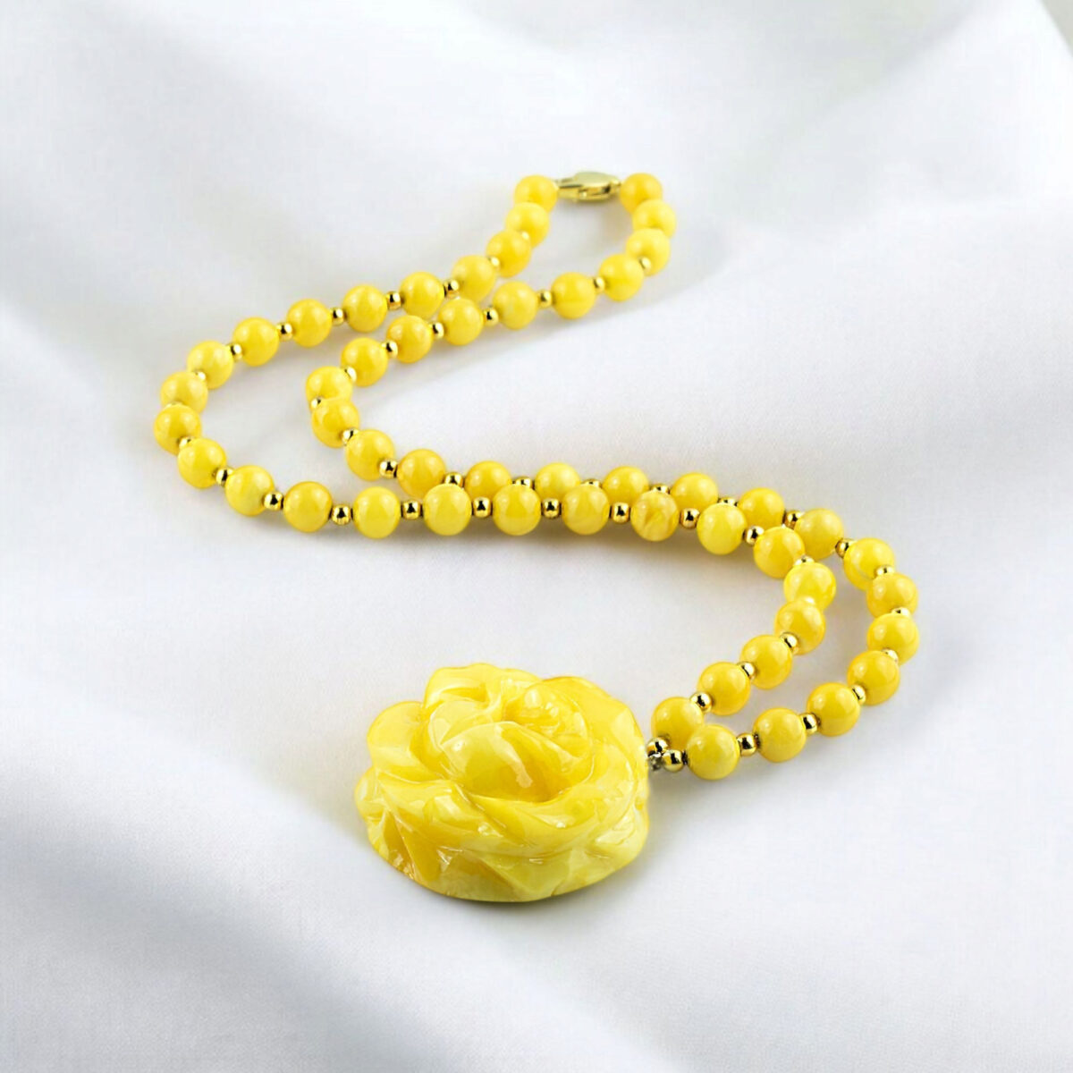 CARVED Large Baltic Amber Rose Flower Pendant Necklace for Women, Yellow Chunky Gemstone Teardrop Gold Rose Jewelry Romantic Gift for Her
