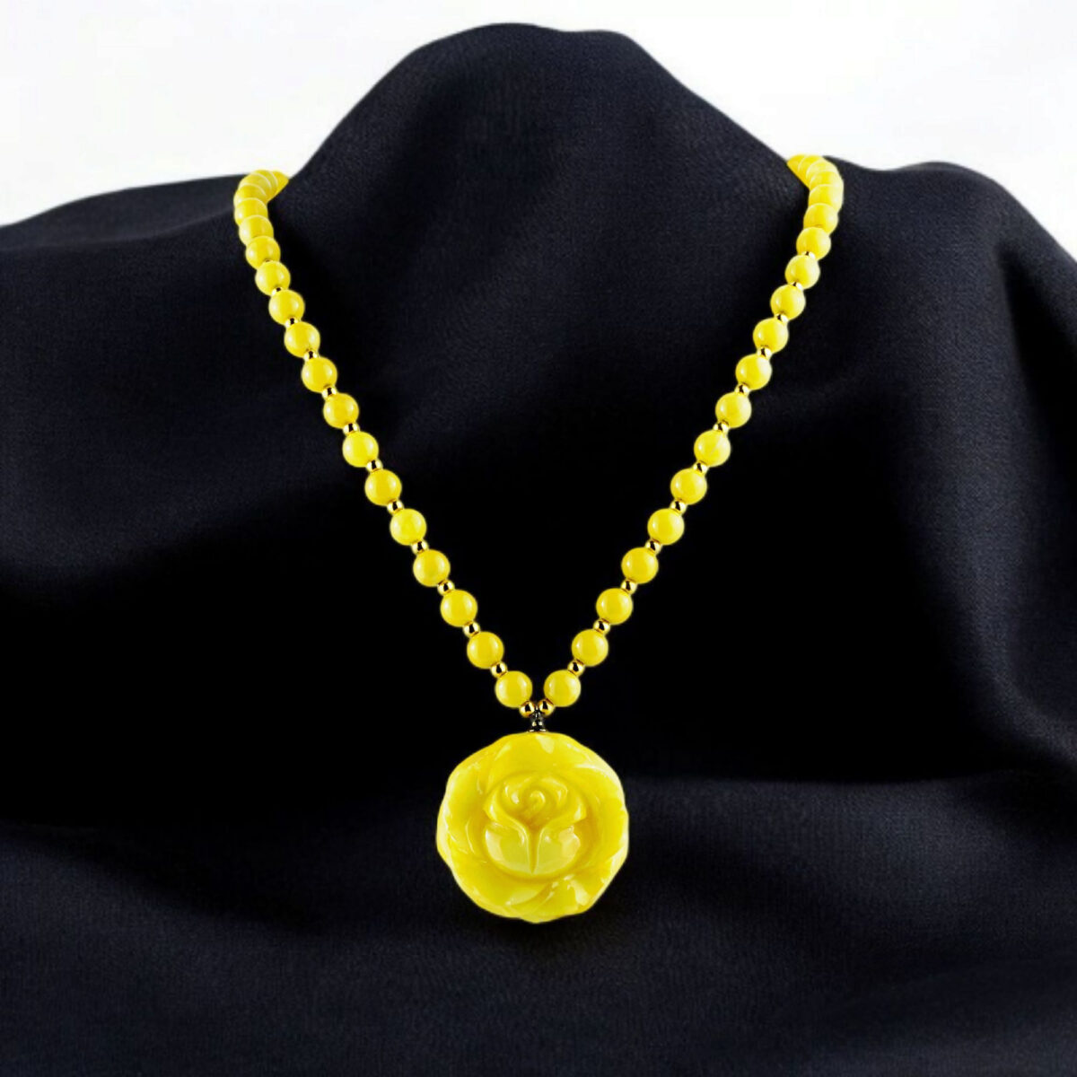 CARVED Large Baltic Amber Rose Flower Pendant Necklace for Women, Yellow Chunky Gemstone Teardrop Gold Rose Jewelry Romantic Gift for Her