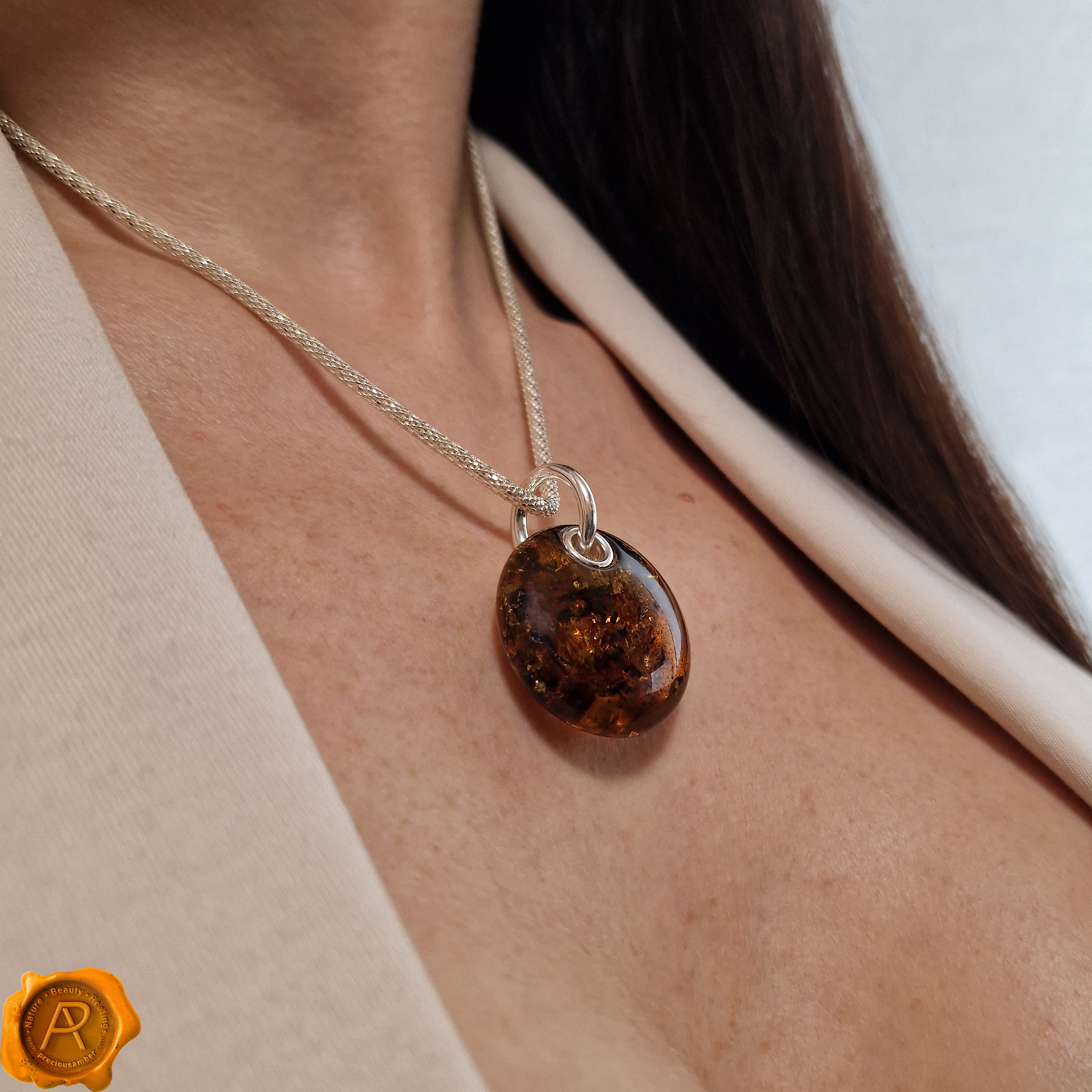 For Sale Large Green natural Amber Pendant in Sterling Silver