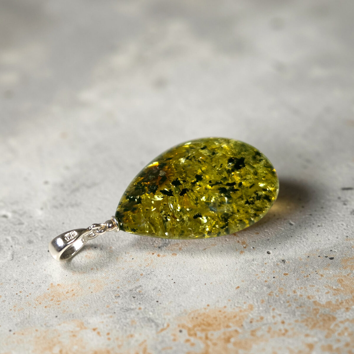 Natural LARGE Green Baltic Amber Teardrop Silver Gemstone Pendant Necklace Jewellery Gift Women, Real Chunky Earthy Amber Stone