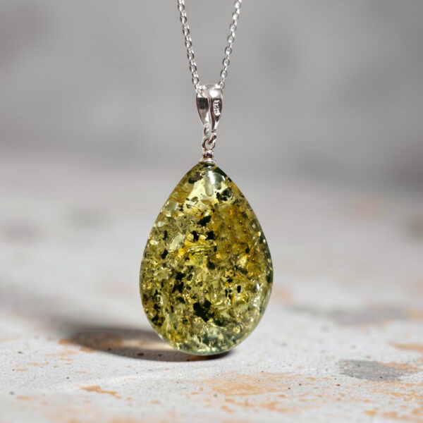 Natural LARGE Green Baltic Amber Teardrop Silver Gemstone Pendant Necklace Jewellery Gift Women, Real Chunky Earthy Amber Stone
