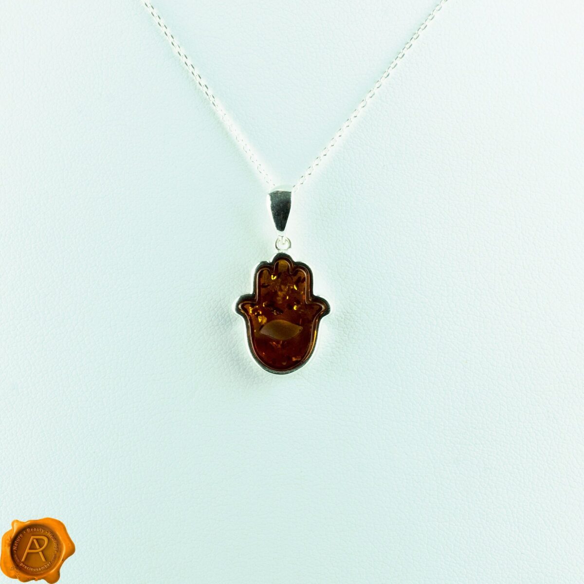 Hamsa Hand Honey Amber Pendant - Image 1