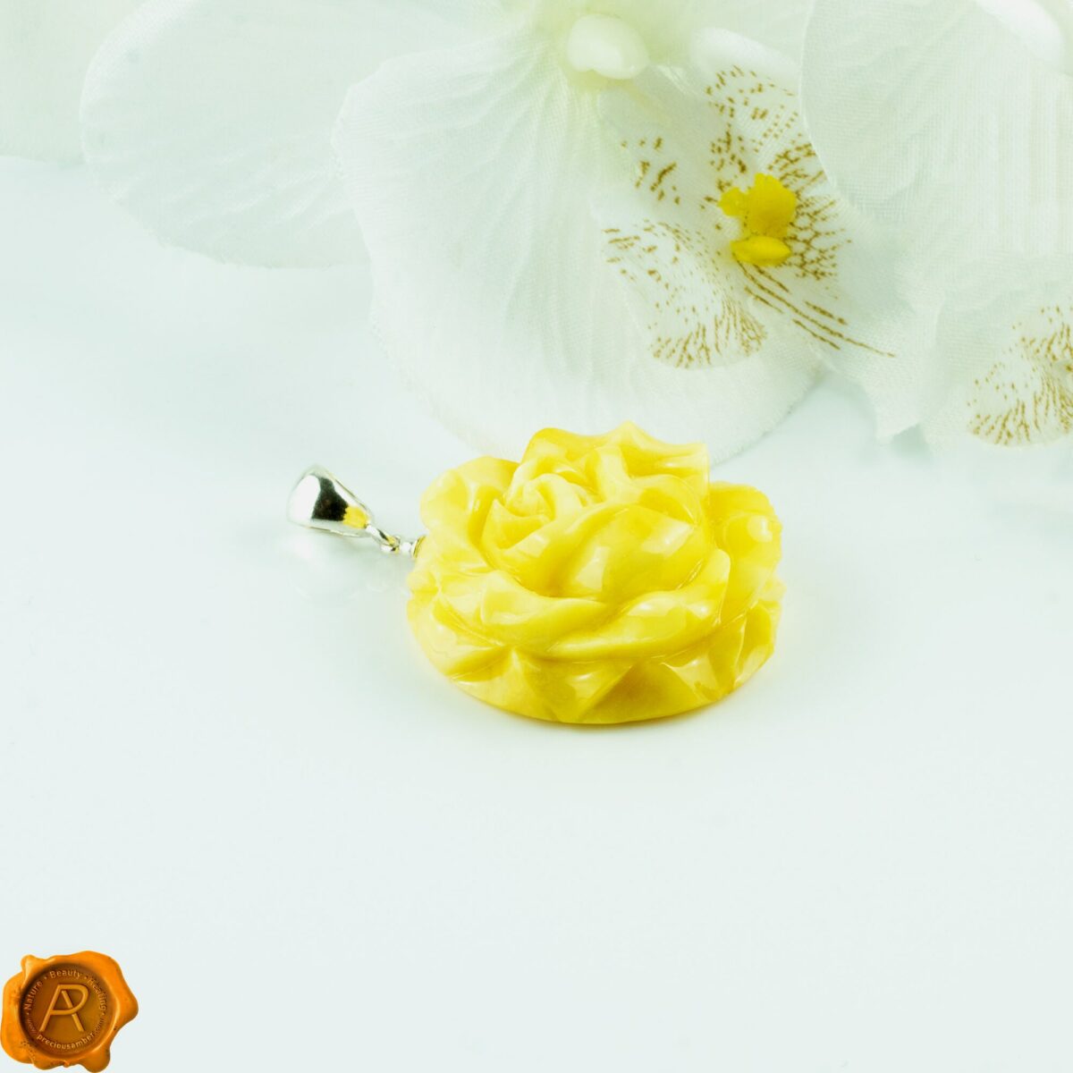 Handcarved Amber Rose Pendant - Image 3