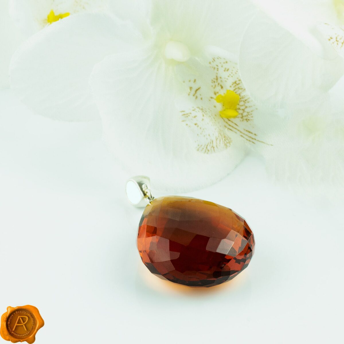 Large Luxury Faceted Cherry Baltic Amber Teardrop Pendant Silver Necklace for Women Faceted Cherry Amber Teardrop - Image 3