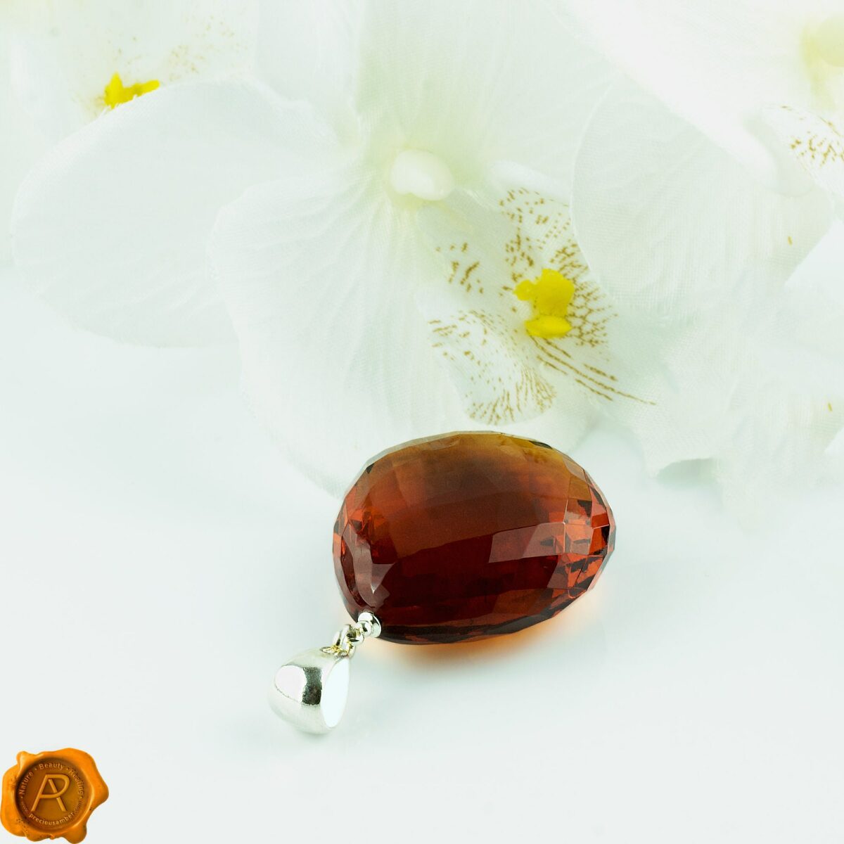 Large Luxury Faceted Cherry Baltic Amber Teardrop Pendant Silver Necklace for Women Faceted Cherry Amber Teardrop - Image 5