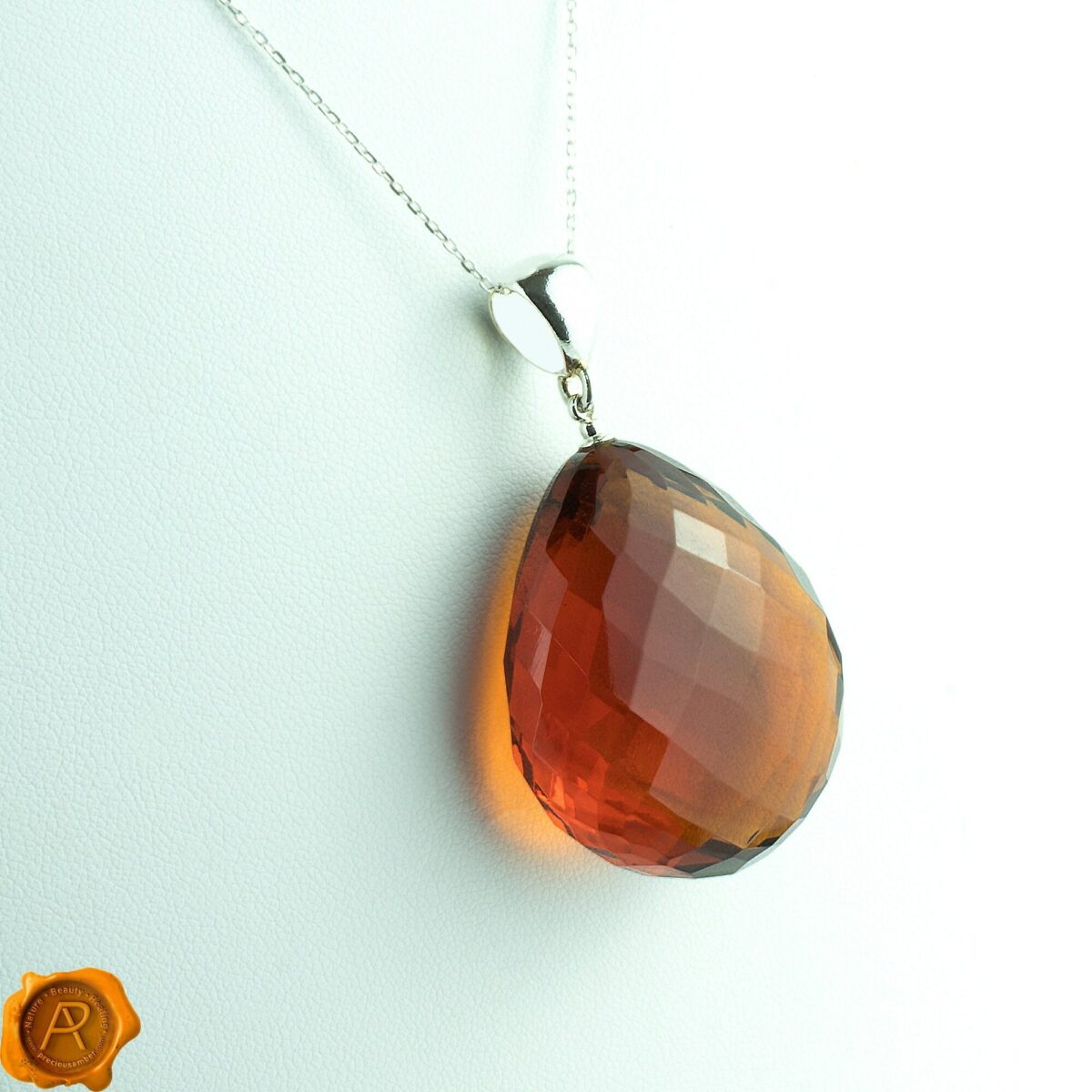 Large Luxury Faceted Cherry Baltic Amber Teardrop Pendant Silver Necklace for Women Faceted Cherry Amber Teardrop - Image 1
