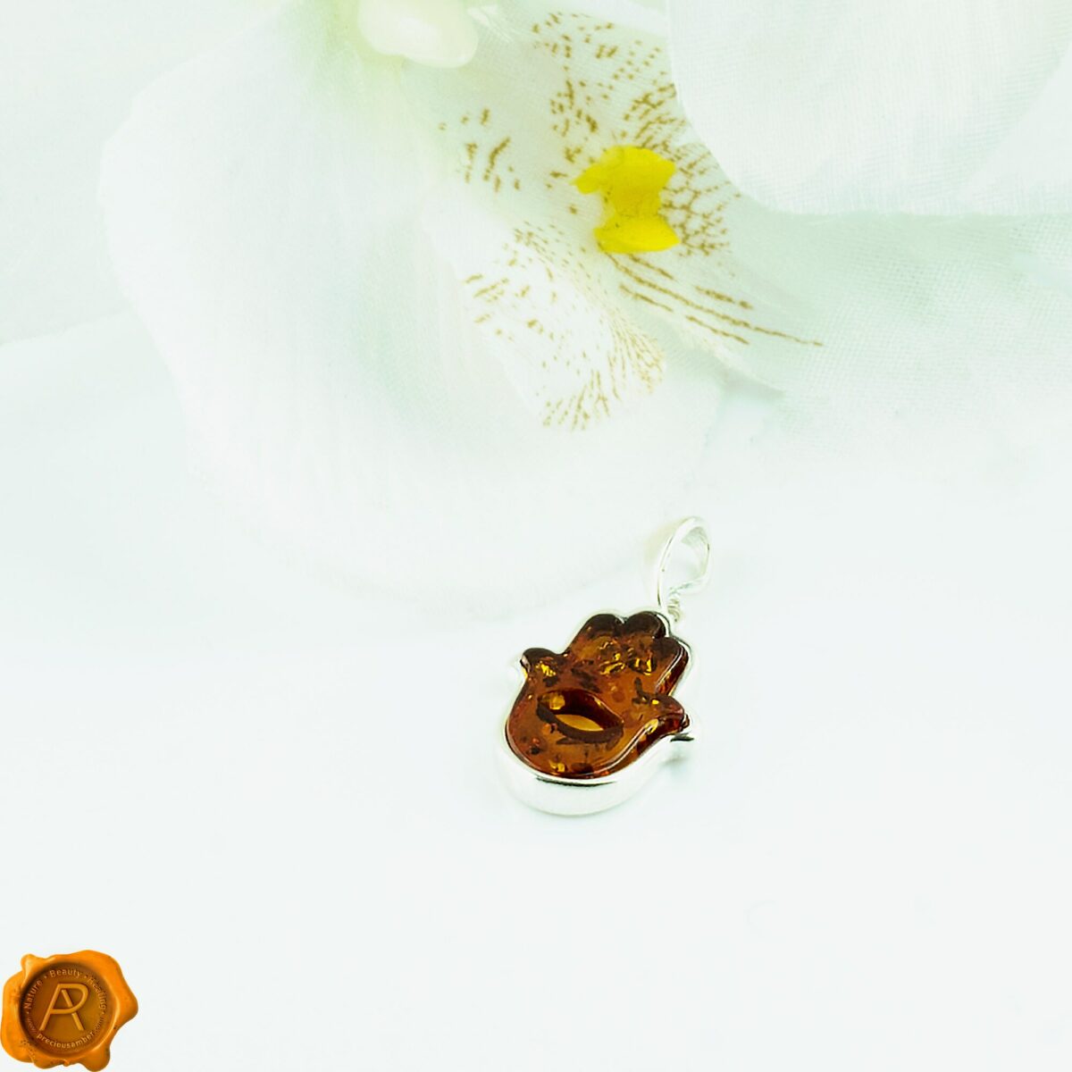 Hamsa Hand Honey Amber Pendant - Image 3