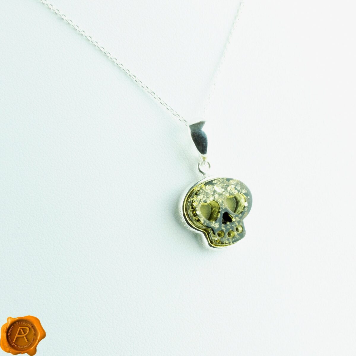 Amber Silver Skull Pendant Charm Necklace Love Skull Amber Pendant - Image 1