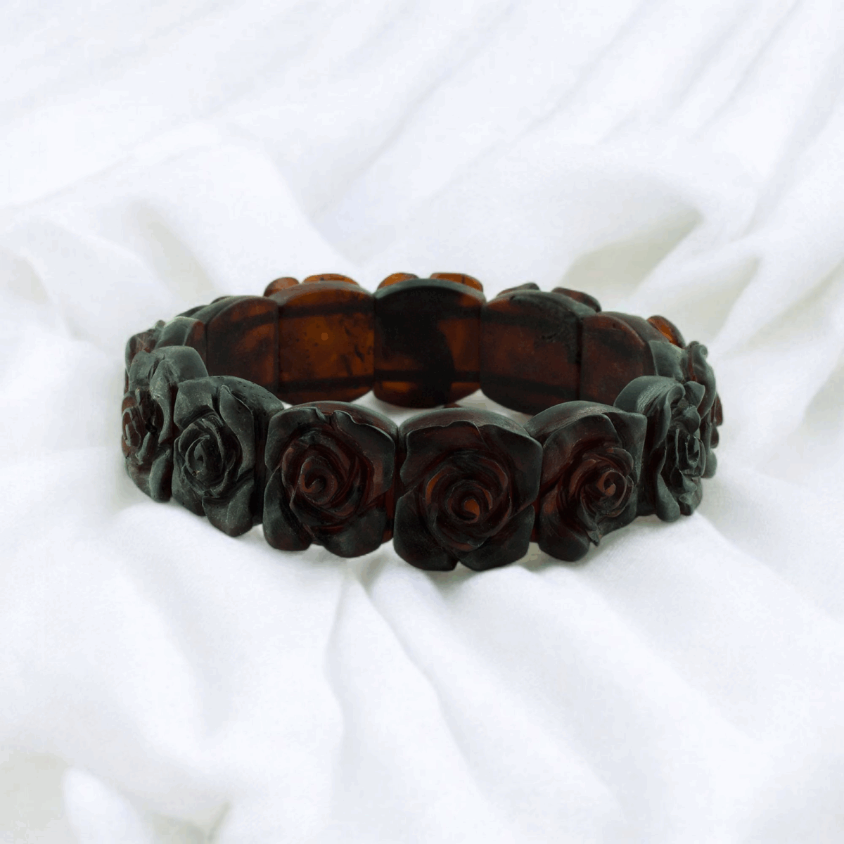 CARVED Rose Cherry Baltic Amber Elastic Bangle Bracelet, Large Gemstone Natural Amber Flower Romantic Jewelry Gift for Wife Girlfriend Women