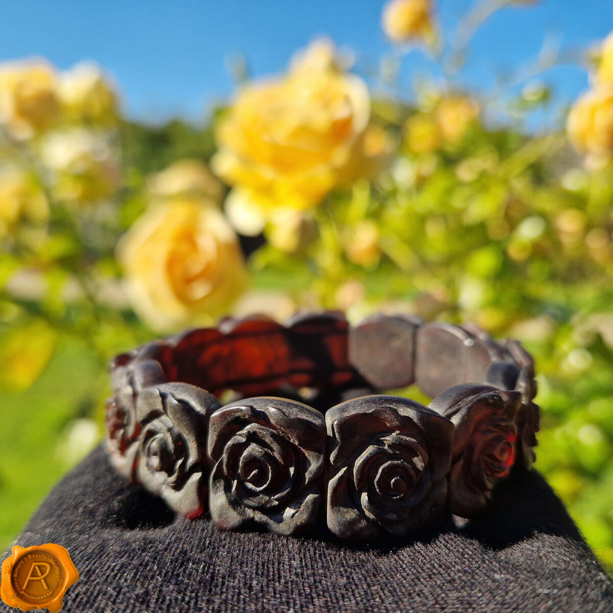 Carved Rose Cherry Amber Bracelet - Image 2