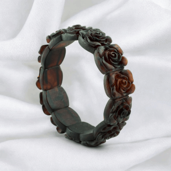CARVED Rose Cherry Baltic Amber Elastic Bangle Bracelet, Large Gemstone Natural Amber Flower Romantic Jewelry Gift for Wife Girlfriend Women