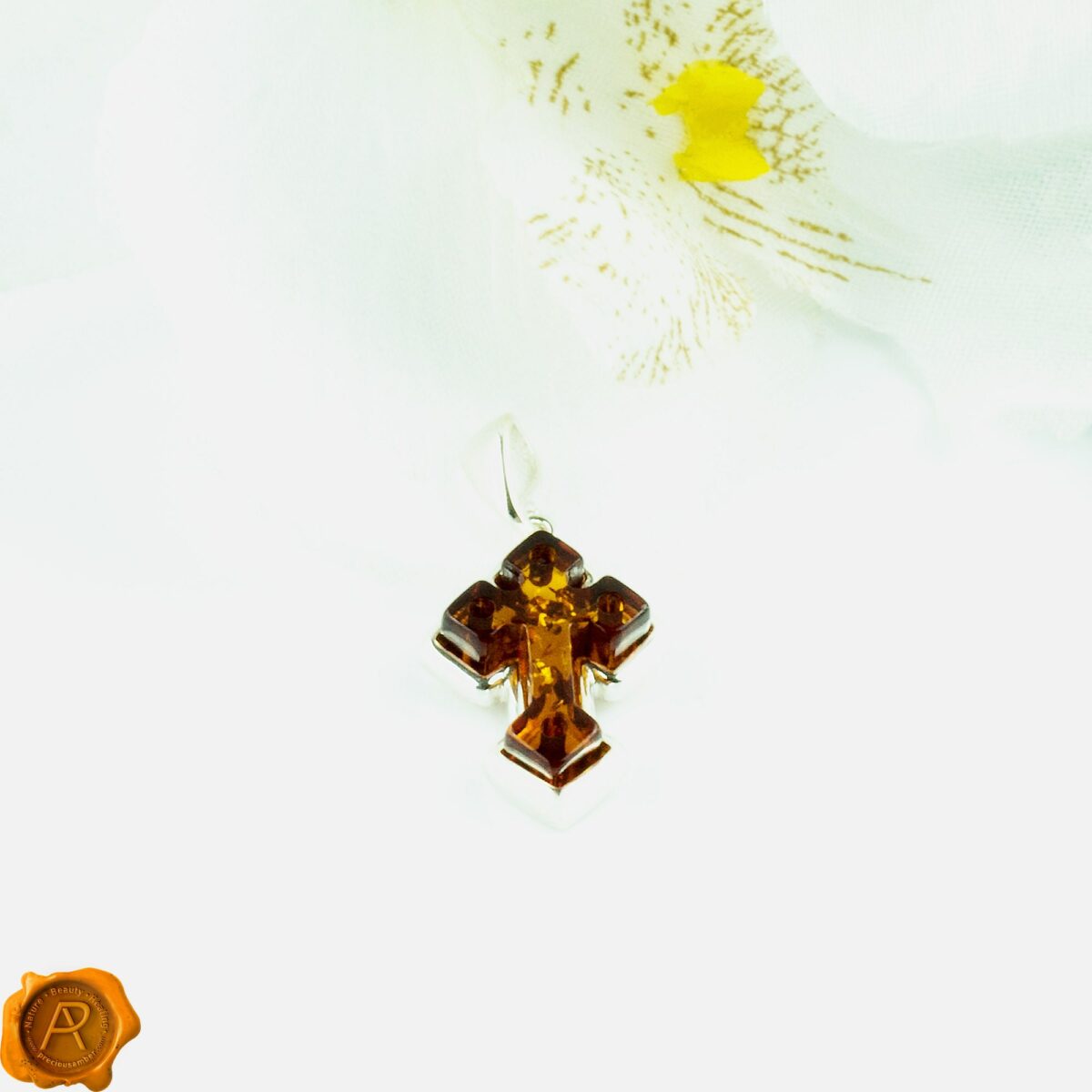 Small Baltic Amber Silver Cross Pendant Necklace Women Honey Amber Silver Crucifix Pendant Dainty Honey Amber Cross Pendant - Image 3