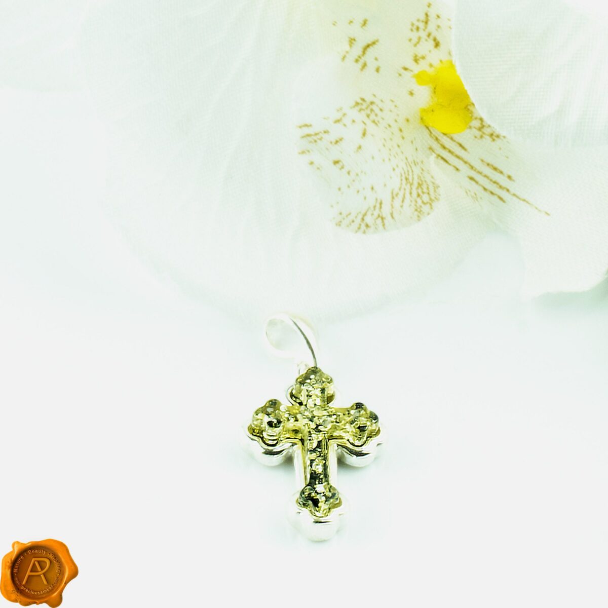 Green Amber Silver Cross Charm - Image 2