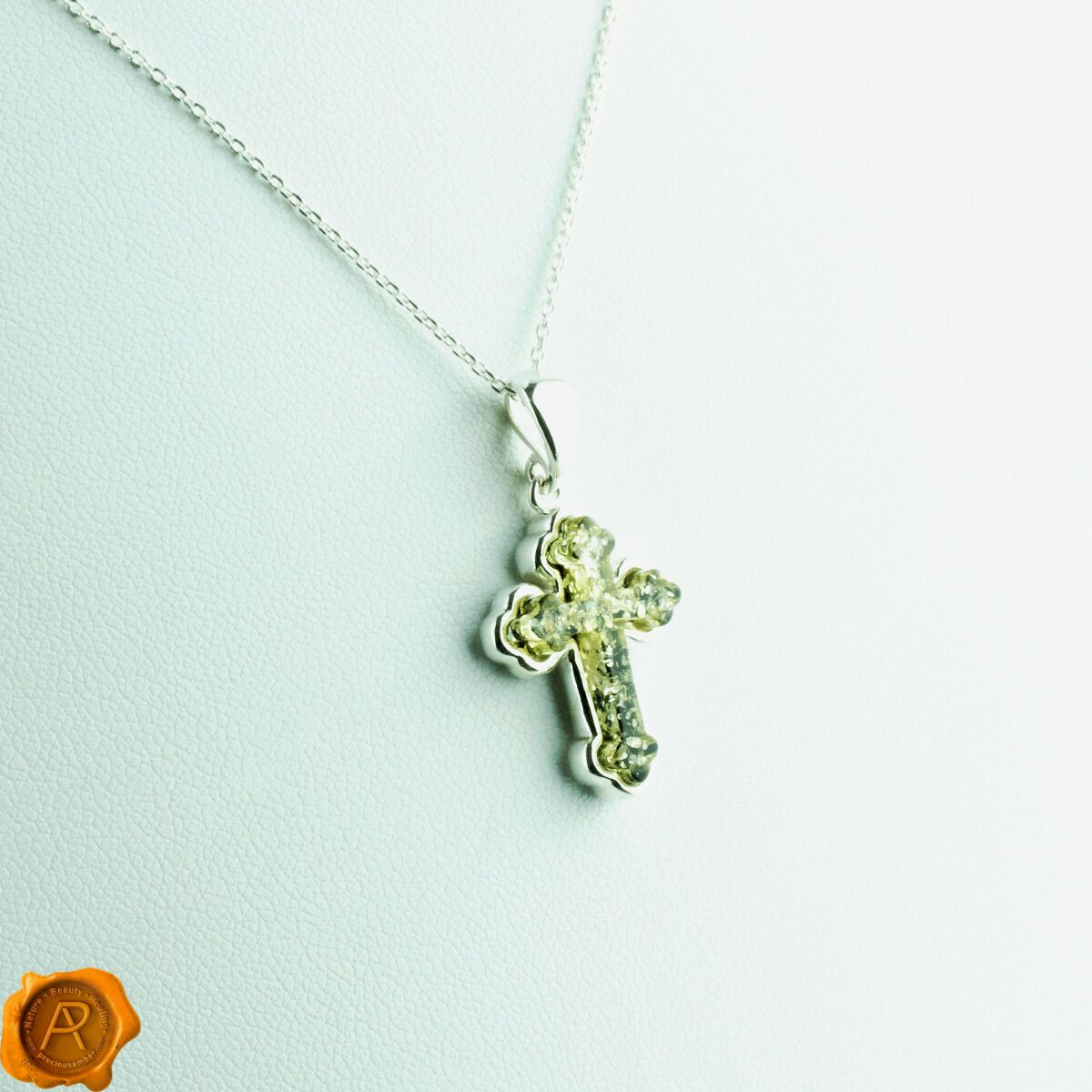 Green Amber Silver Cross Charm - Image 3