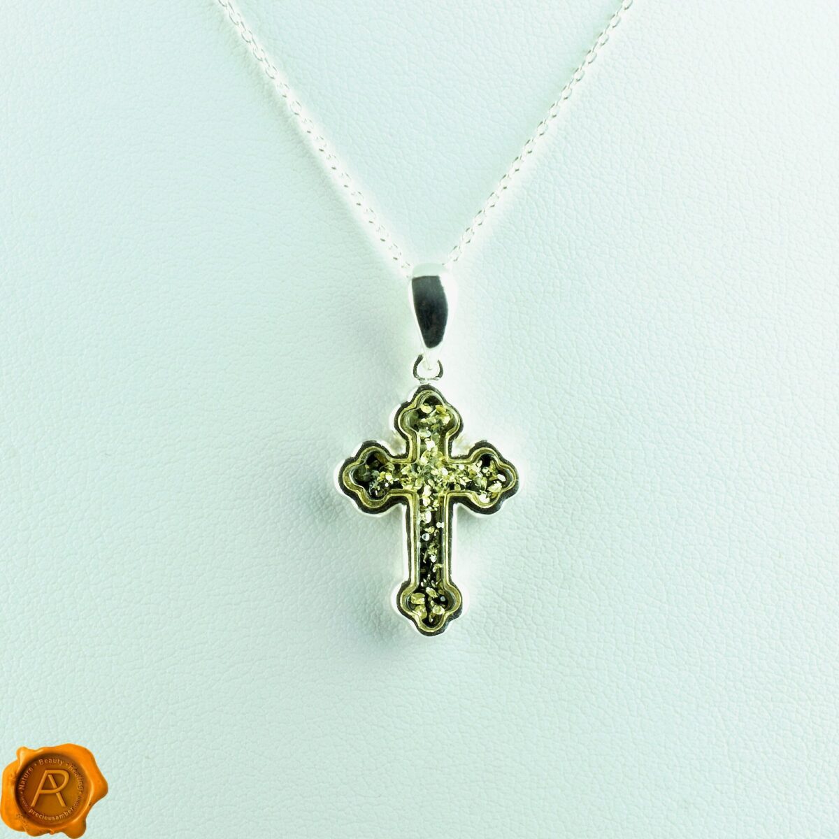 Green Amber Silver Cross Charm - Image 1