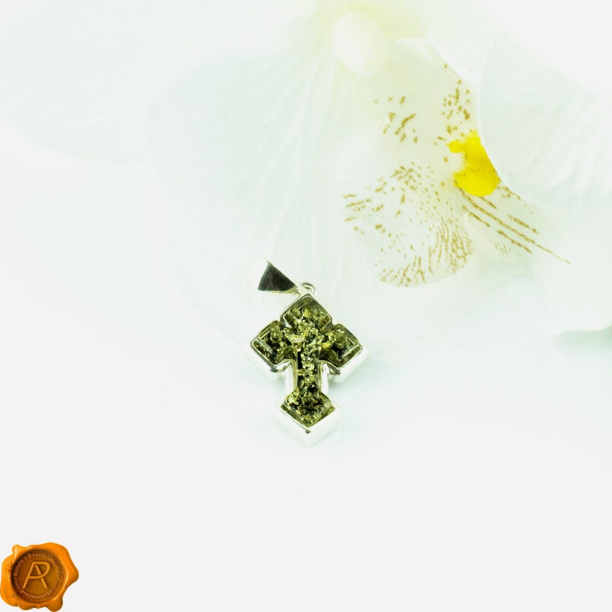 Dainty Green Amber Silver Cross - Image 2