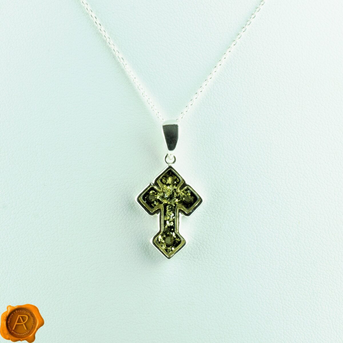Dainty Green Amber Silver Cross - Image 3