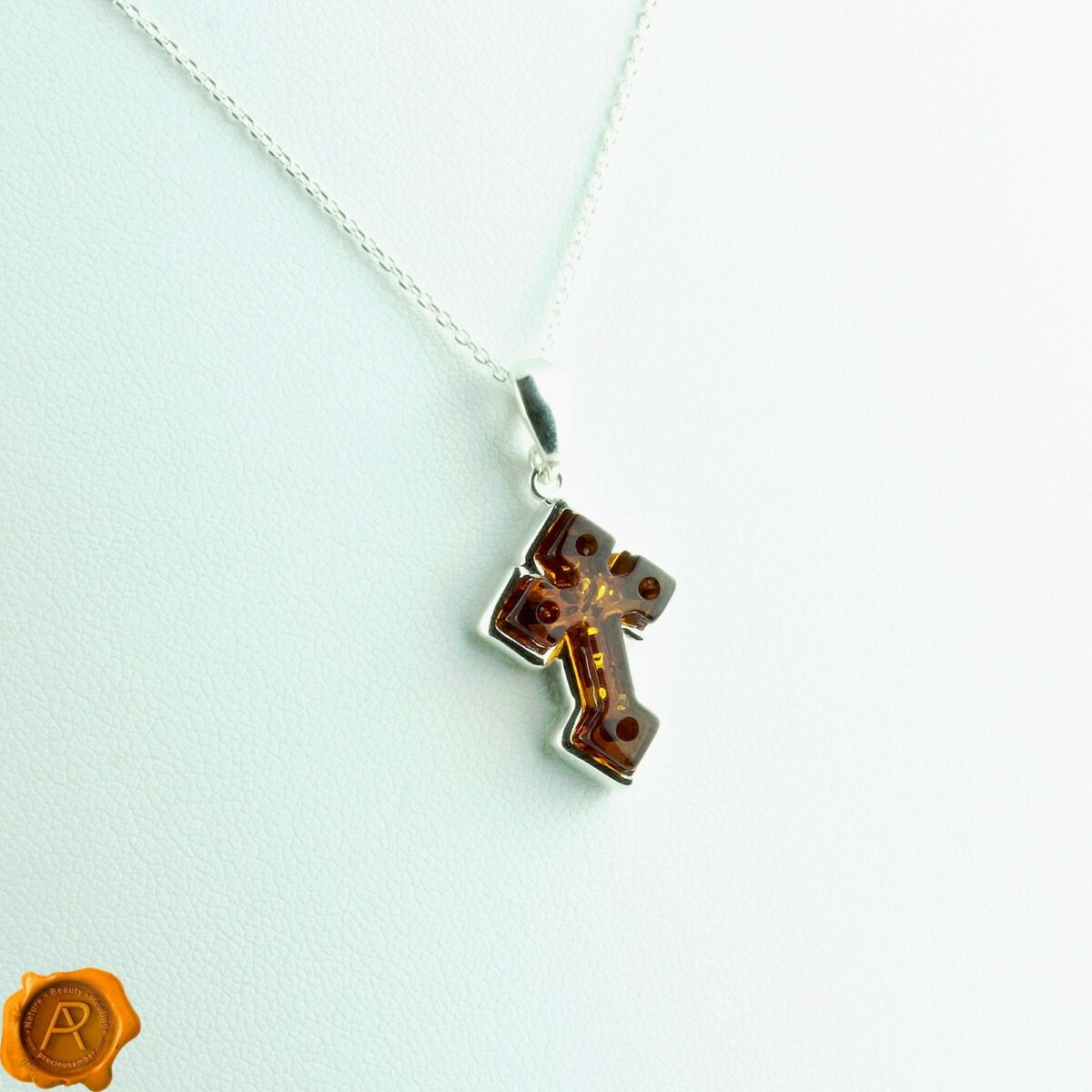 Small Baltic Amber Silver Cross Pendant Necklace Women Honey Amber Silver Crucifix Pendant Dainty Honey Amber Cross Pendant - Image 1
