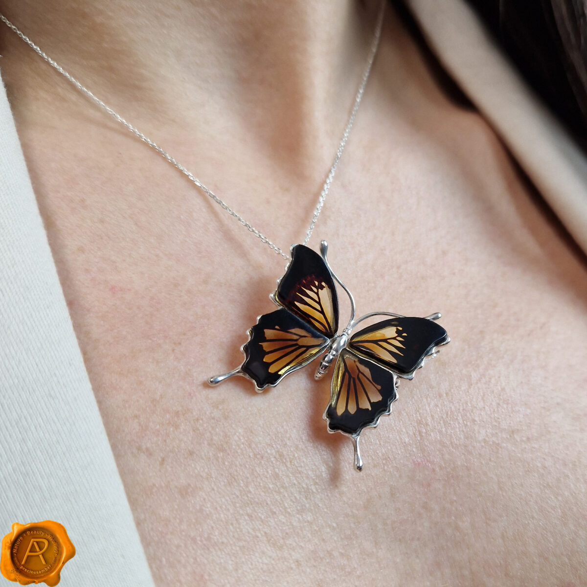 24k Gold-plated Butterfly Baltic Amber Pendant with Chain 24k Gold-plated Butterfly Baltic Amber Pendant with Chain