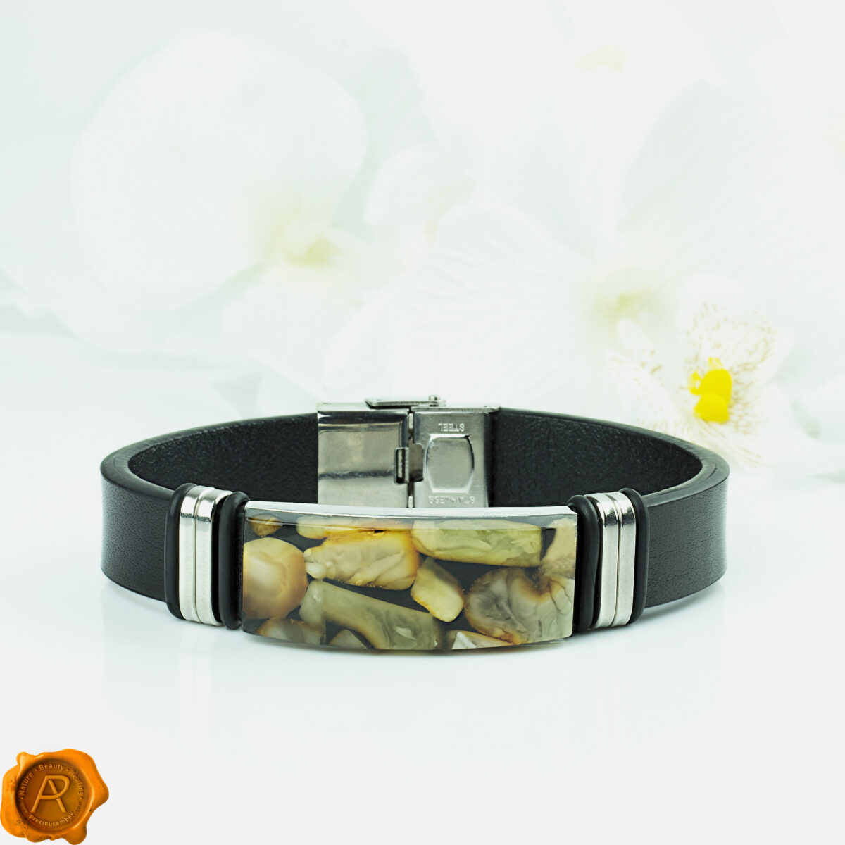 White Amber Leather Bracelet - Image 1