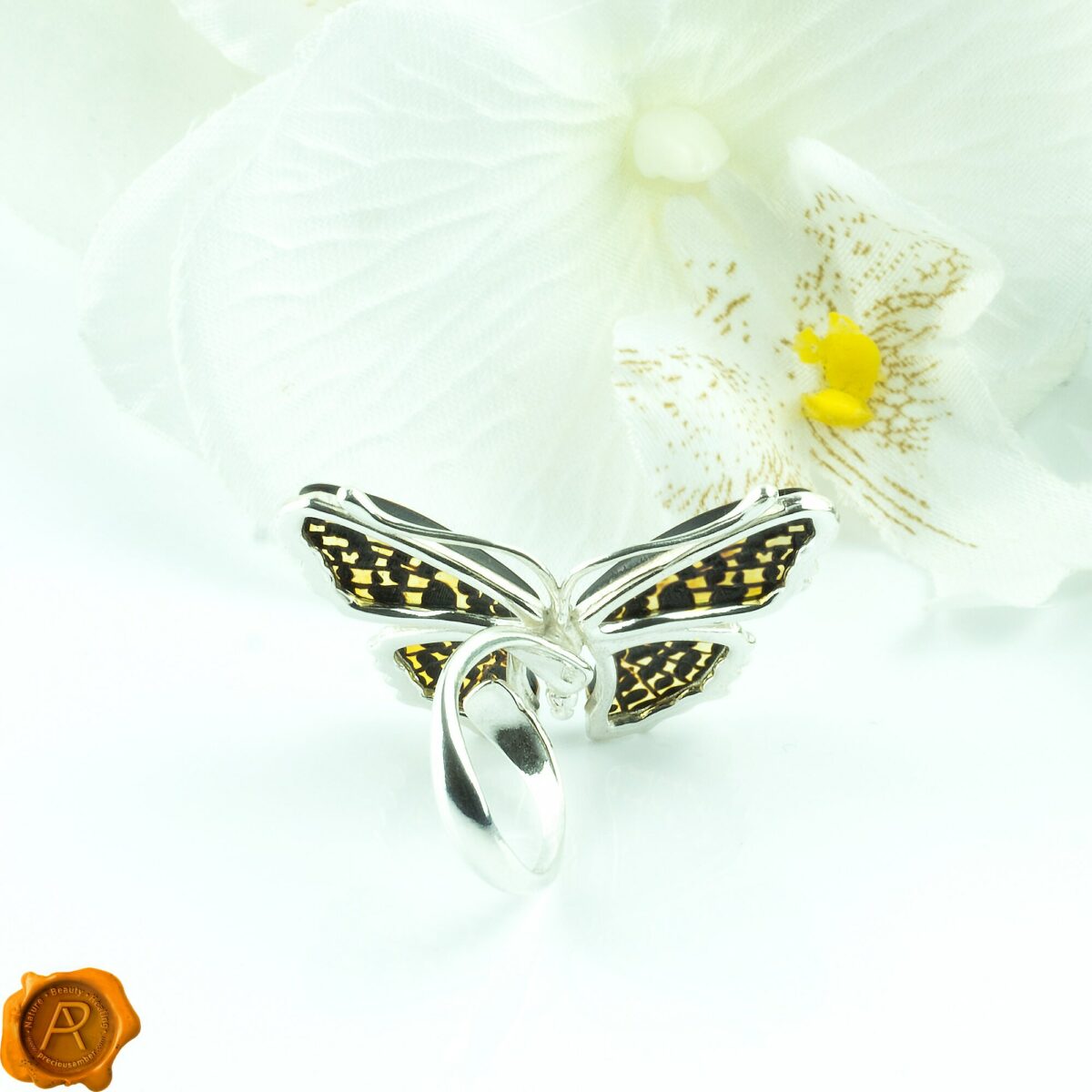 Adjustable Carved Amber Butterfly Ring - Image 5