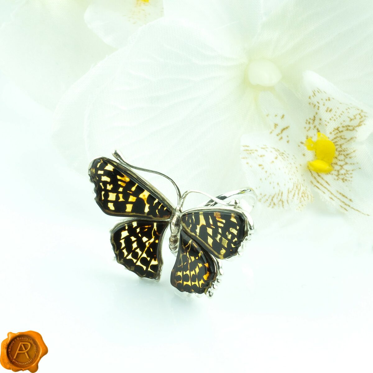 Adjustable Carved Amber Butterfly Ring - Image 3