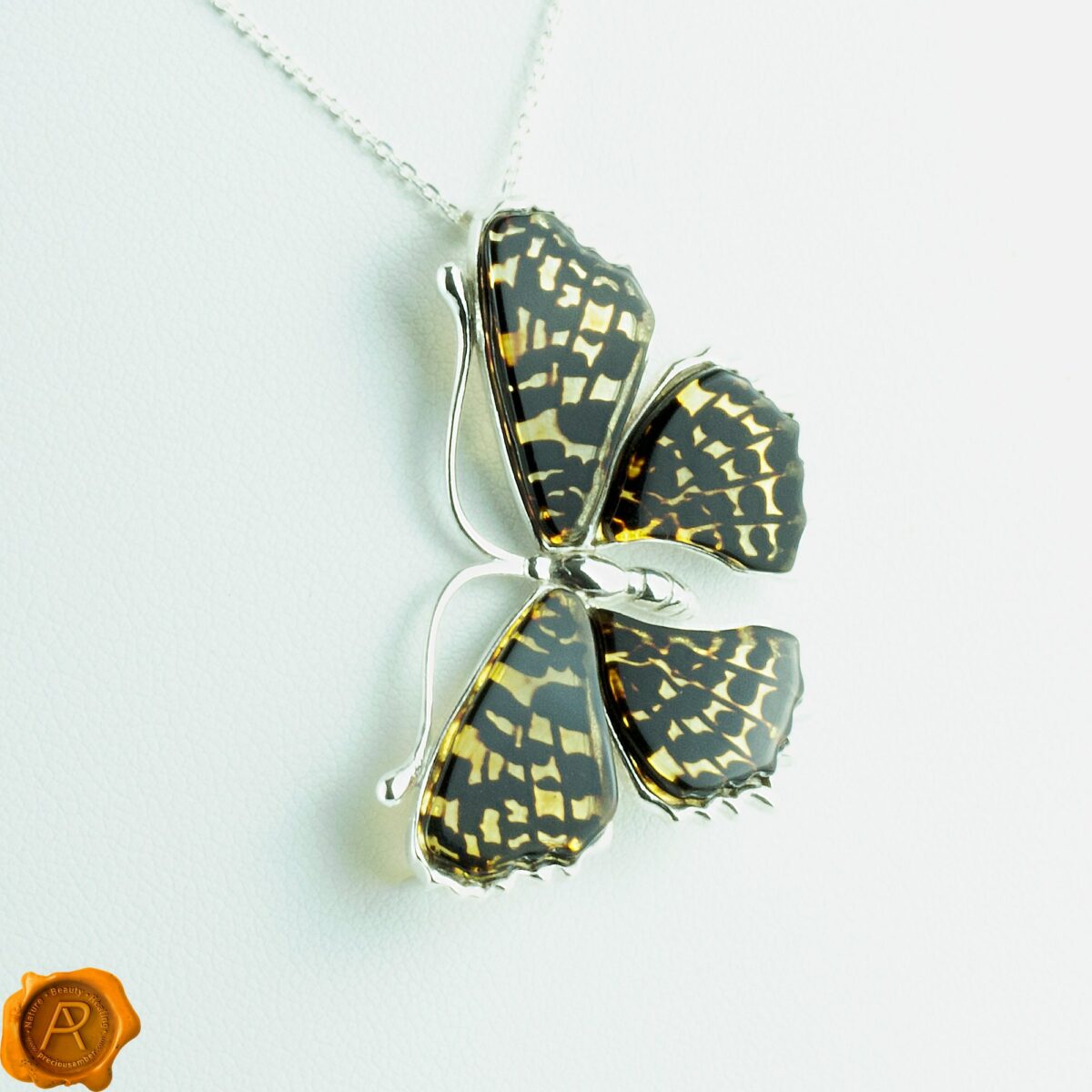 Stunning Butterfly Pendant Necklace Large Baltic Amber Charm Sterling Silver Gemstone Carved  Butterfly Art Carved Amber Leopard Butterfly - Image 3