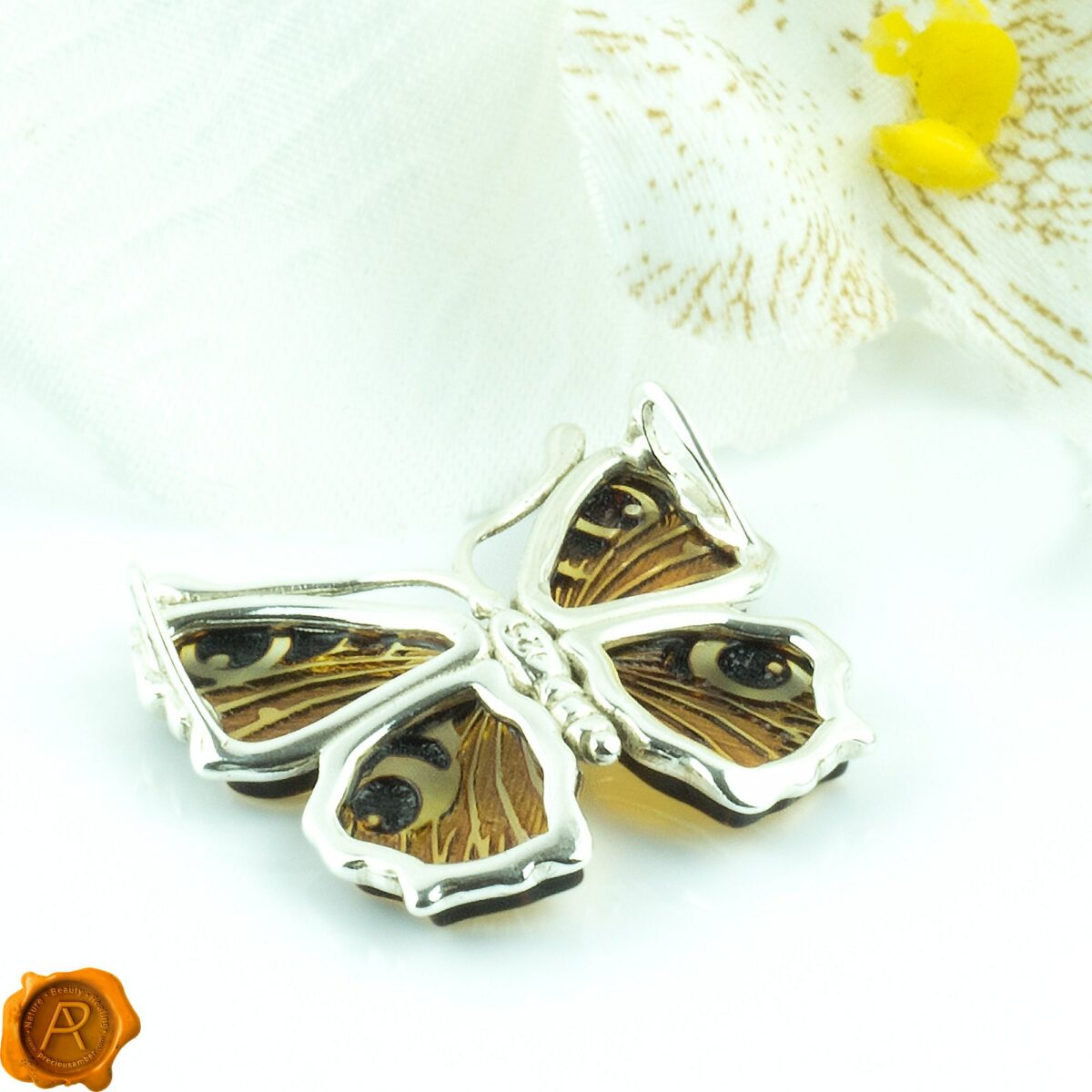 Carved Amber Peacock Butterfly Pendant - Image 8