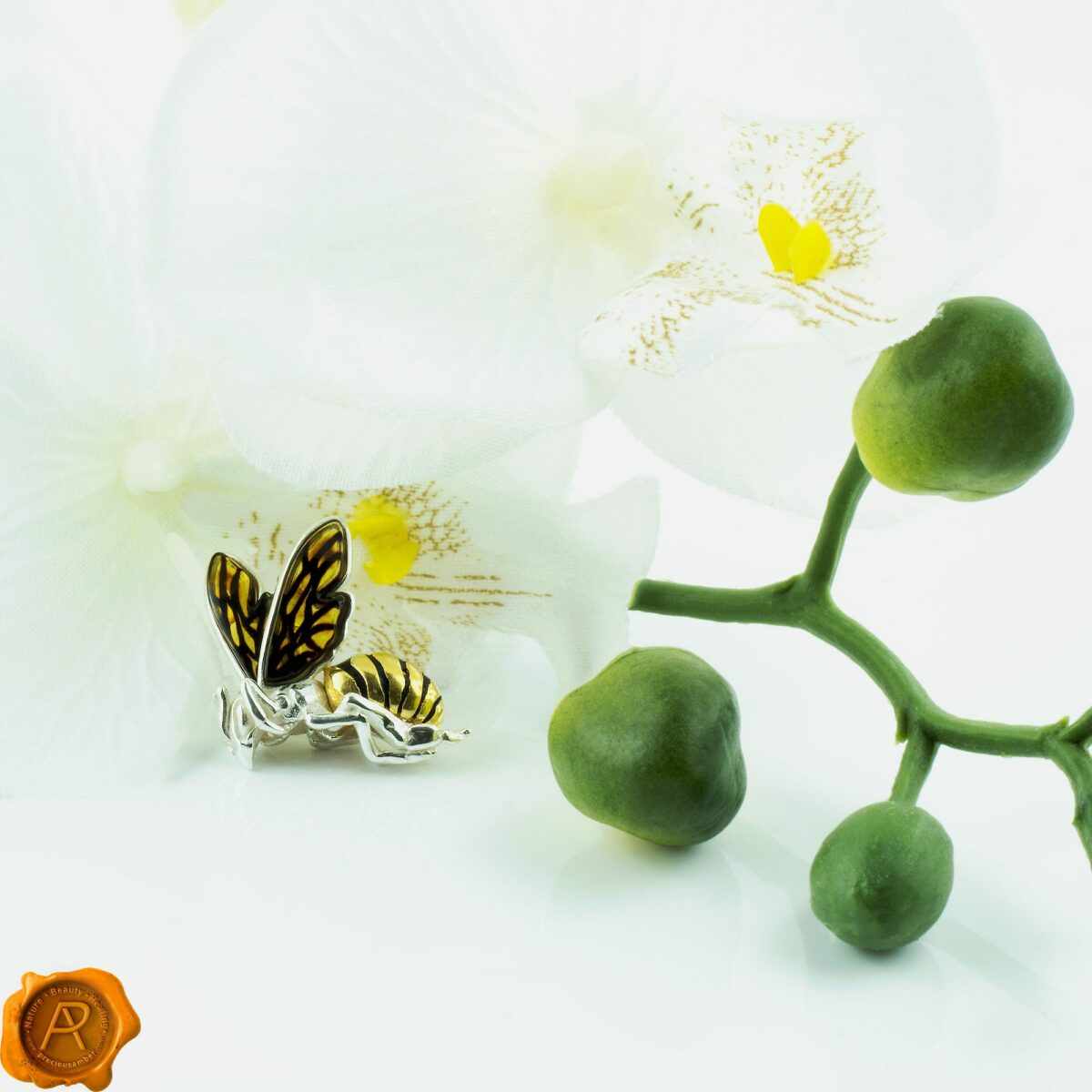 Bee Silver Gold Pendant Necklace Large Baltic Amber Charm Silver Gold Gemstone Small Carved Bee Art Gold  Bee Carved Amber Silver Bee - Image 3